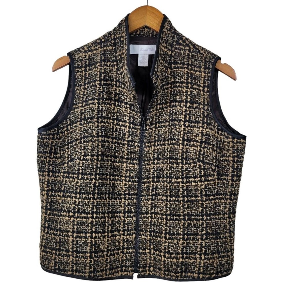 Vtg Marshall Field Vest Jacket Size Large Plaid Check Tweed Wool Blend Tan